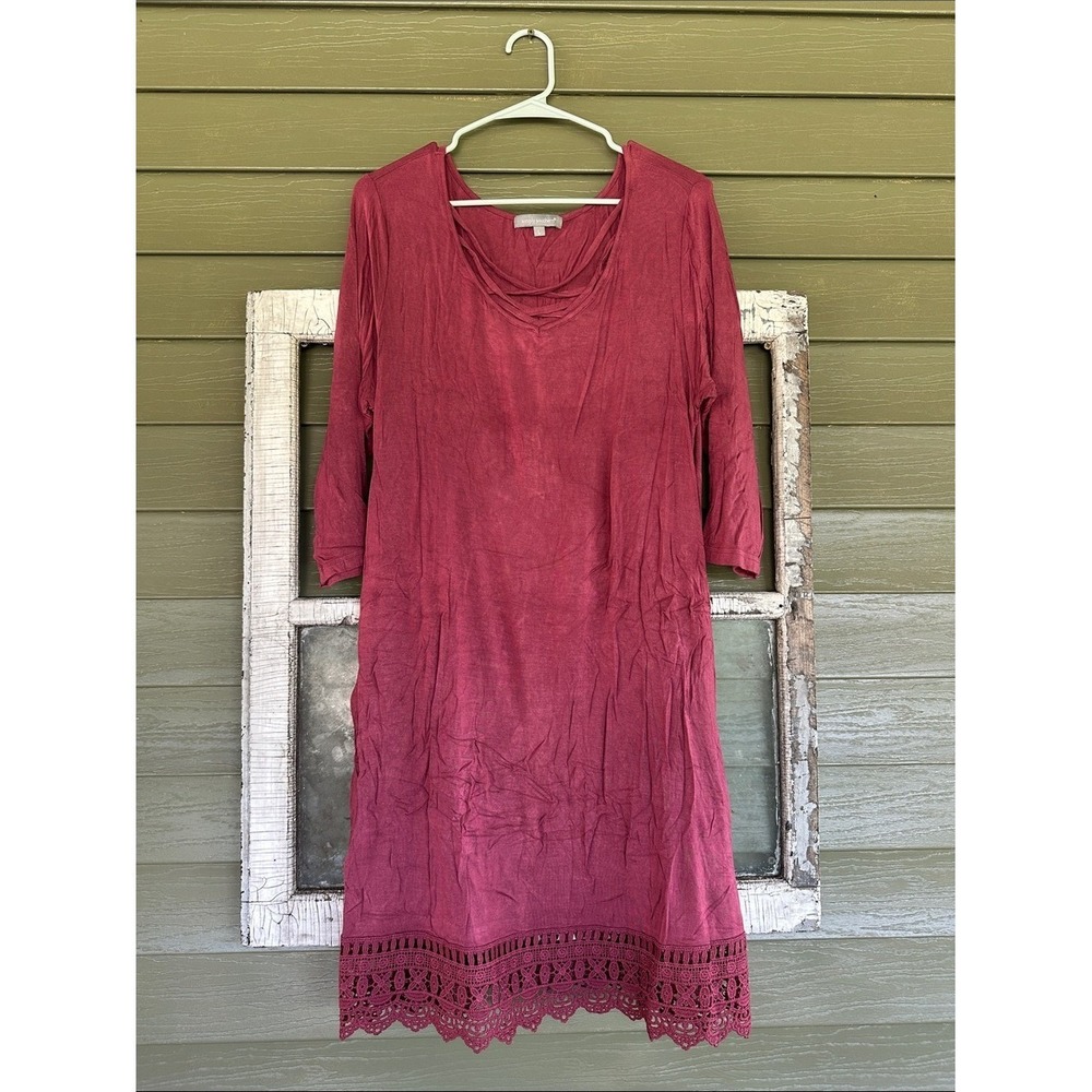 Simply Southern Women Large Berry Red Crochet Lace Hem 3/4 Sleeve Shift Dress